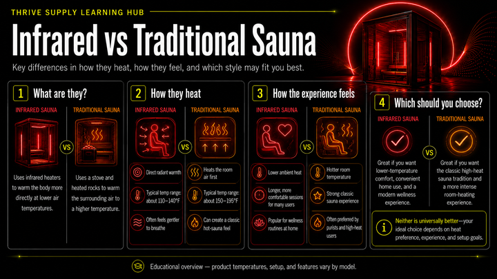 Infrared versus traditional sauna comparison showing heating method, temperature, experience, installation, and buyer considerations