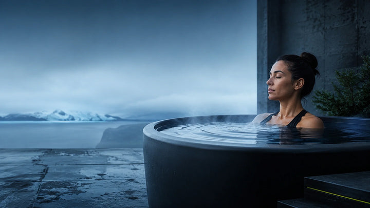 Adult practicing calm breathing during a controlled cold-plunge session.