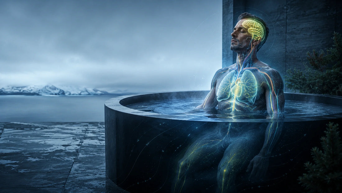 Stylized illustration of an adult in a cold plunge with the brain, heart, lungs, and circulation highlighted.