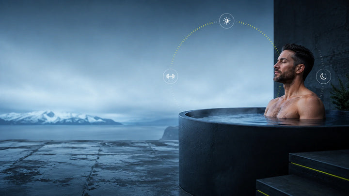 Adult in a cold plunge with morning, exercise, and evening timing icons.