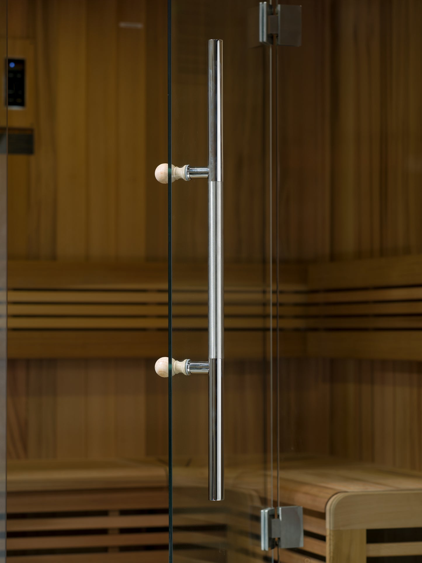 Golden Designs Hanko 2-Person Traditional Sauna glass-door handle detail