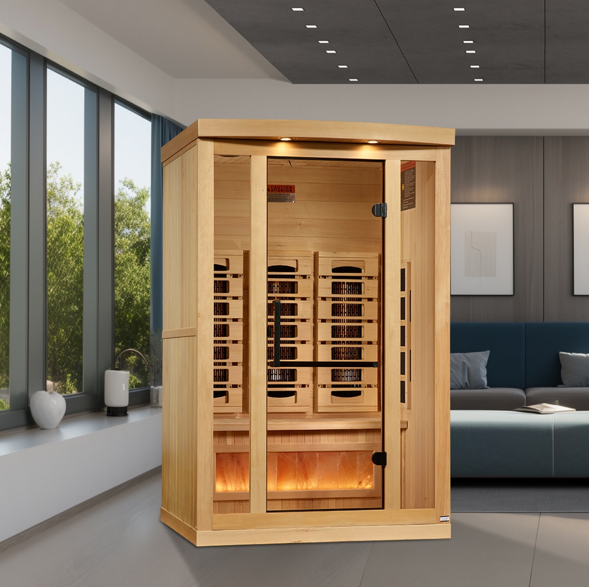 Golden Designs 8000 Reserve Series 2-Person Near-Zero EMF Full-Spectrum Infrared Sauna in a residential wellness setting