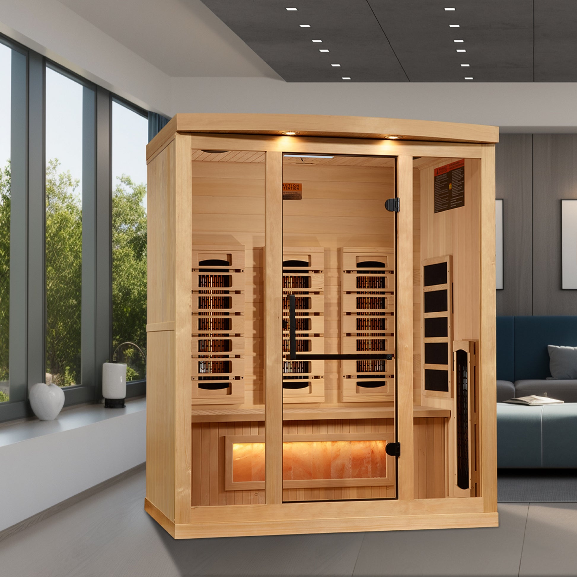 Golden Designs 8000 Reserve Series 3-Person Near-Zero EMF Full-Spectrum Infrared Sauna in a residential wellness setting