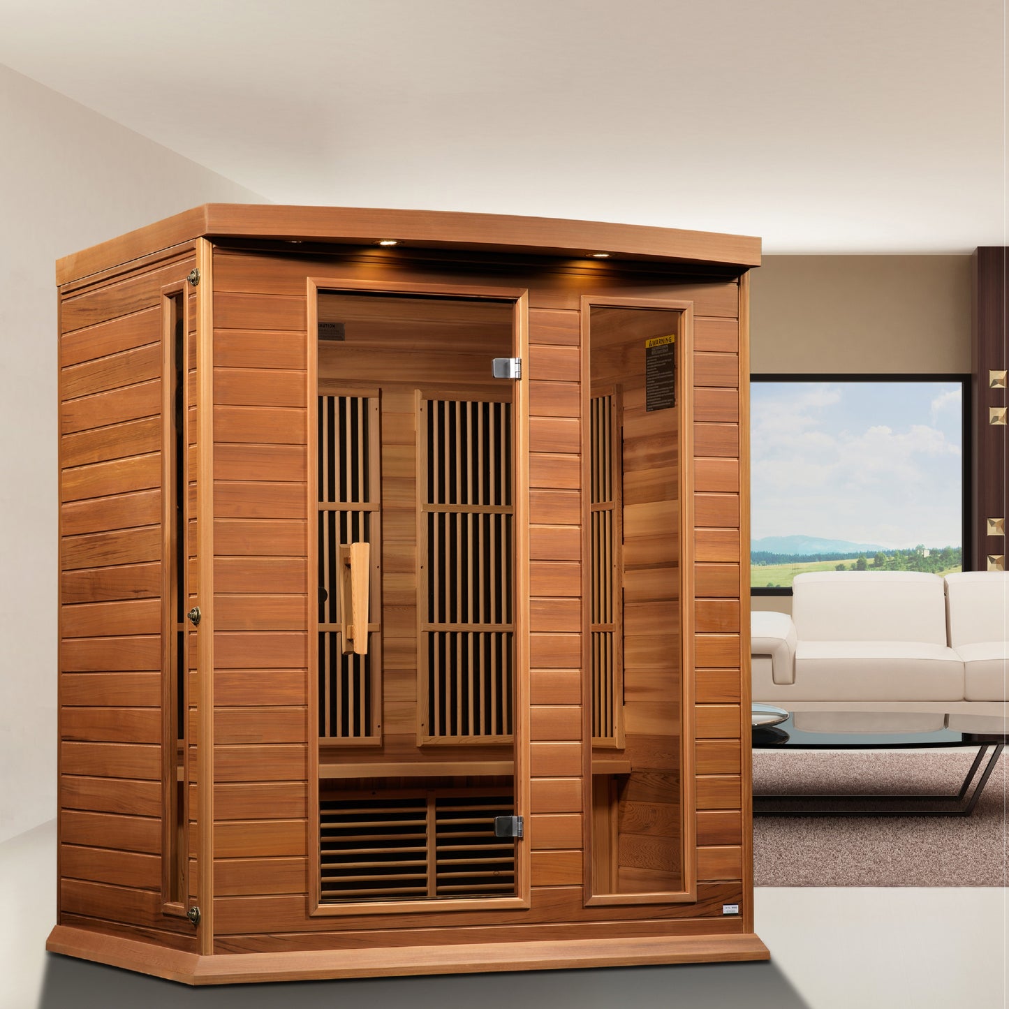 Maxxus K306-01-CED 3-Person Low EMF Far Infrared Sauna – Red Cedar — in a room setting