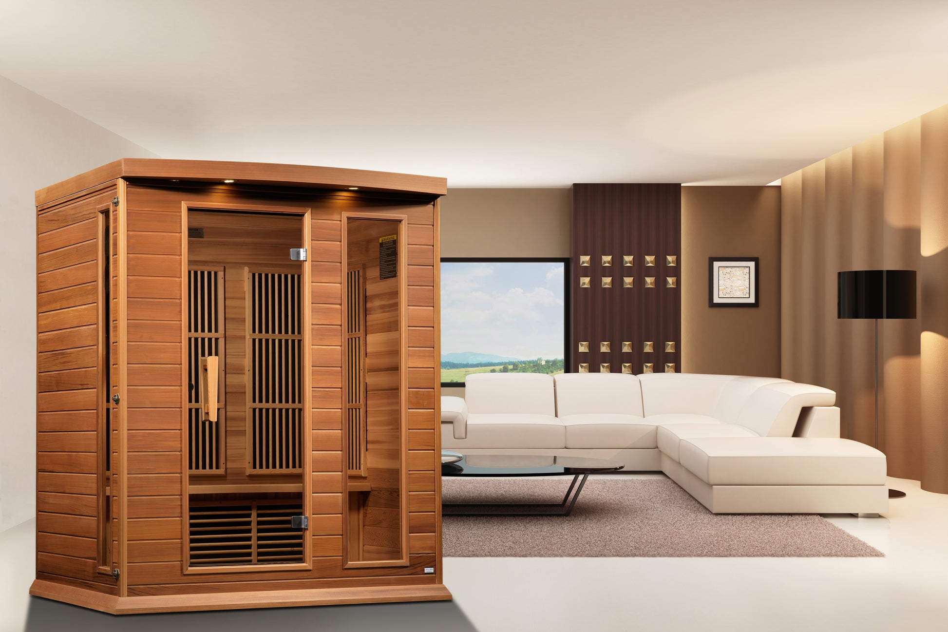 Maxxus K306-01-CED 3-Person Low EMF Far Infrared Sauna – Red Cedar — in a room setting