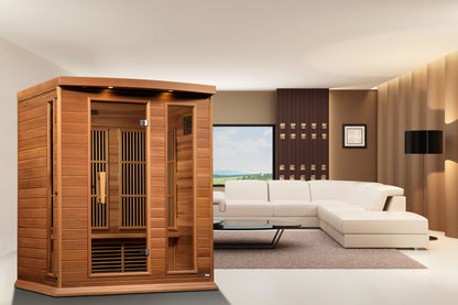 Maxxus K306-01-CED 3-Person Low EMF Far Infrared Sauna – Red Cedar — in a room setting