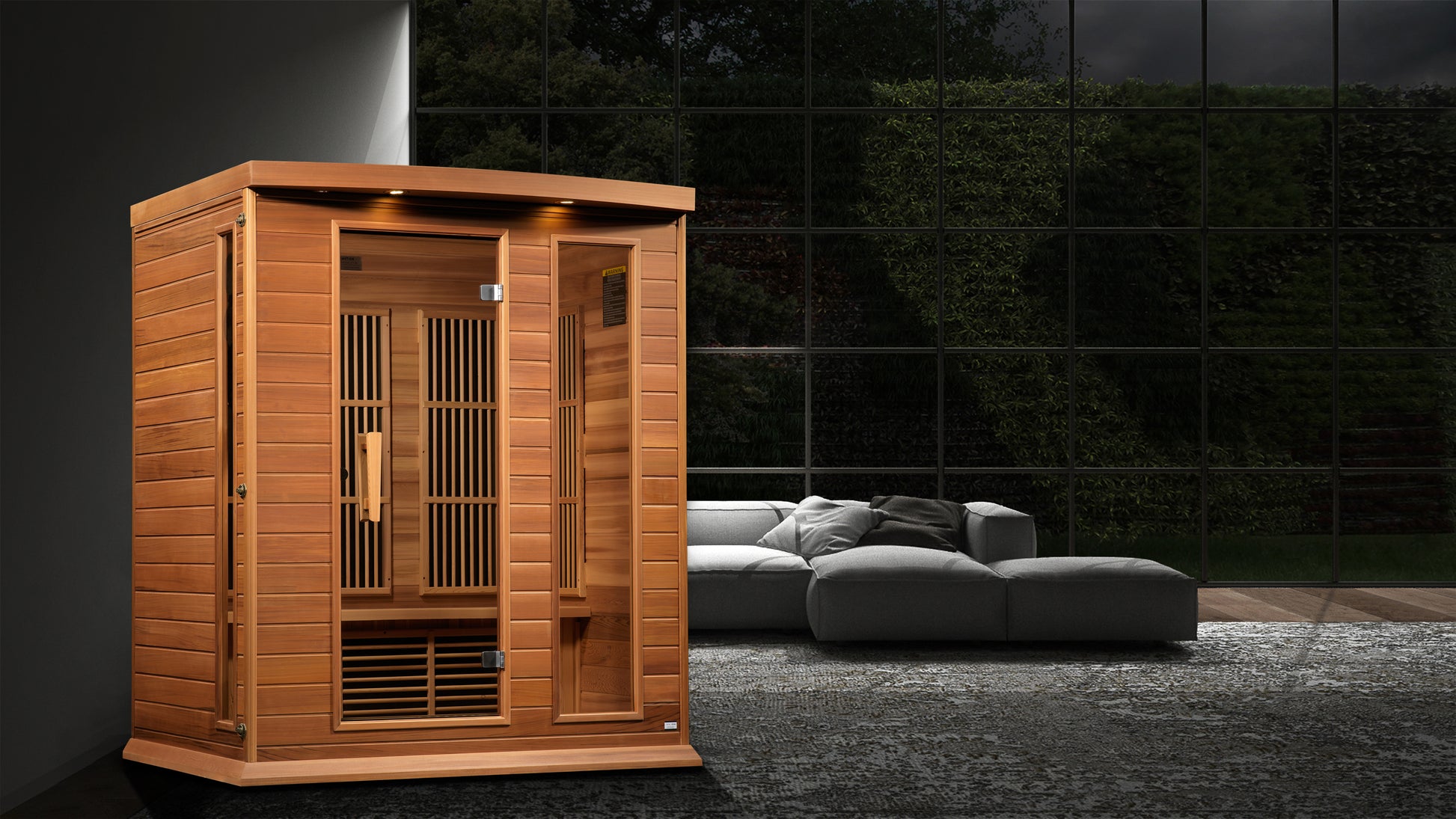 Maxxus K306-01-ZF-CED 3-Person Near-Zero EMF Far Infrared Sauna – Red Cedar — in a room setting