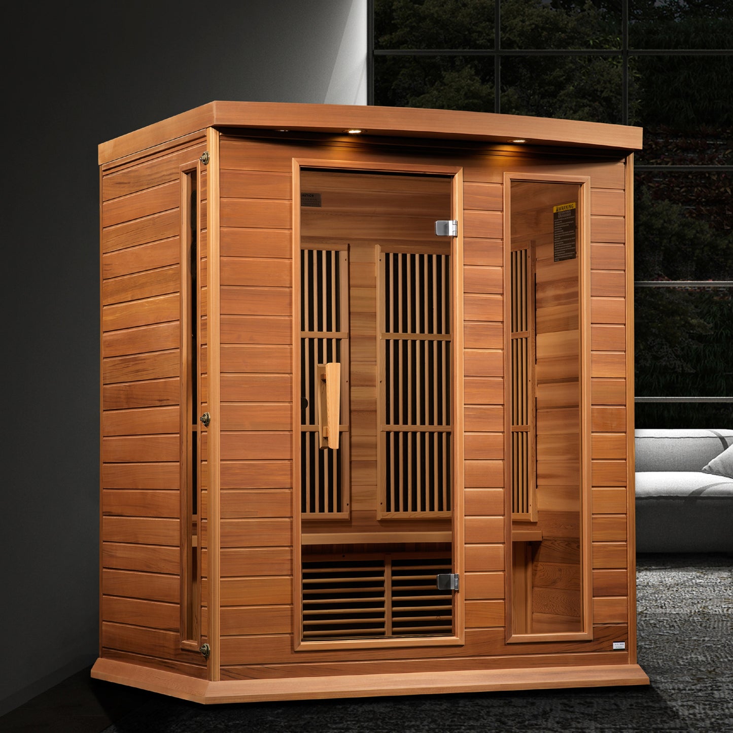 Maxxus K306-01-ZF-CED 3-Person Near-Zero EMF Far Infrared Sauna – Red Cedar — in a room setting