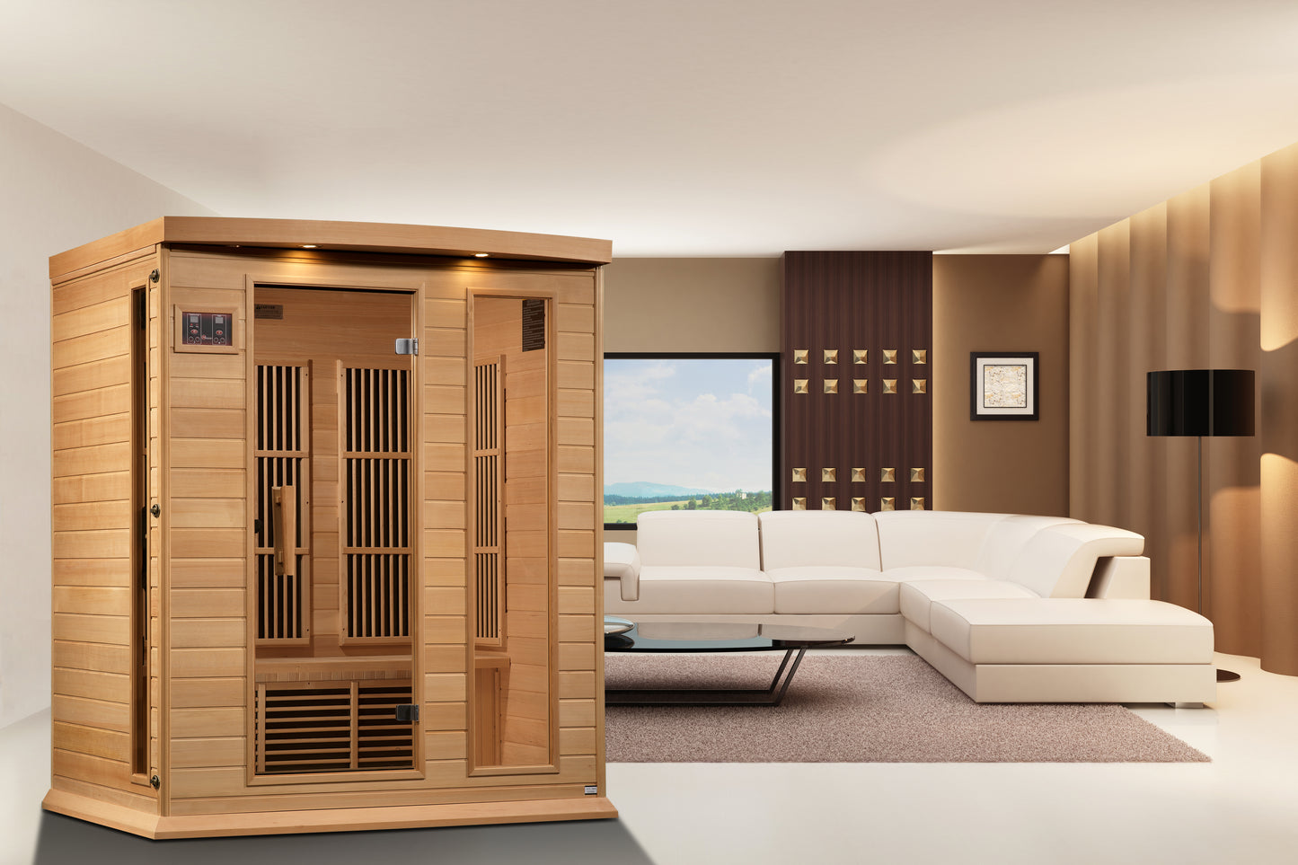 Maxxus K306-01 3-Person Low EMF Far Infrared Sauna – Hemlock — in a room setting