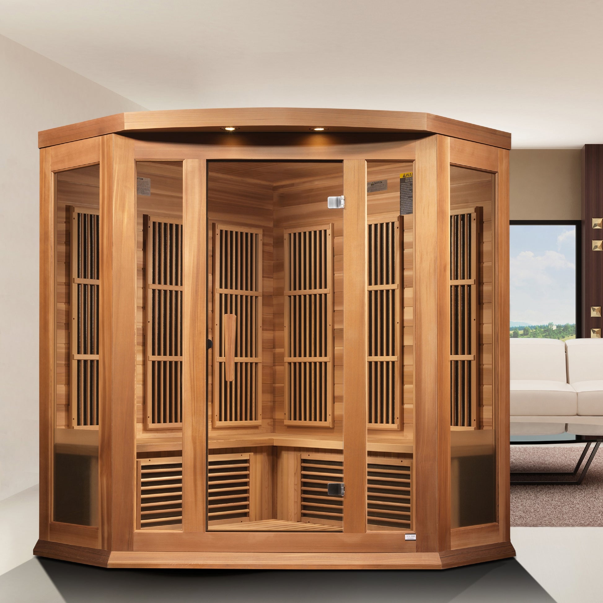 Maxxus K356-01-CED 3-Person Corner Low EMF Far Infrared Sauna – Red Cedar — in a room setting