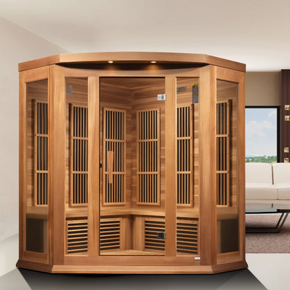 Maxxus K356-01-CED 3-Person Corner Low EMF Far Infrared Sauna – Red Cedar — in a room setting