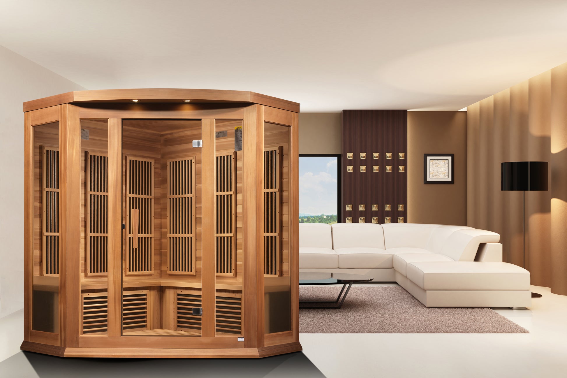 Maxxus K356-01-CED 3-Person Corner Low EMF Far Infrared Sauna – Red Cedar — in a room setting
