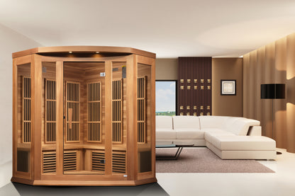 Maxxus K356-01-CED 3-Person Corner Low EMF Far Infrared Sauna – Red Cedar — in a room setting