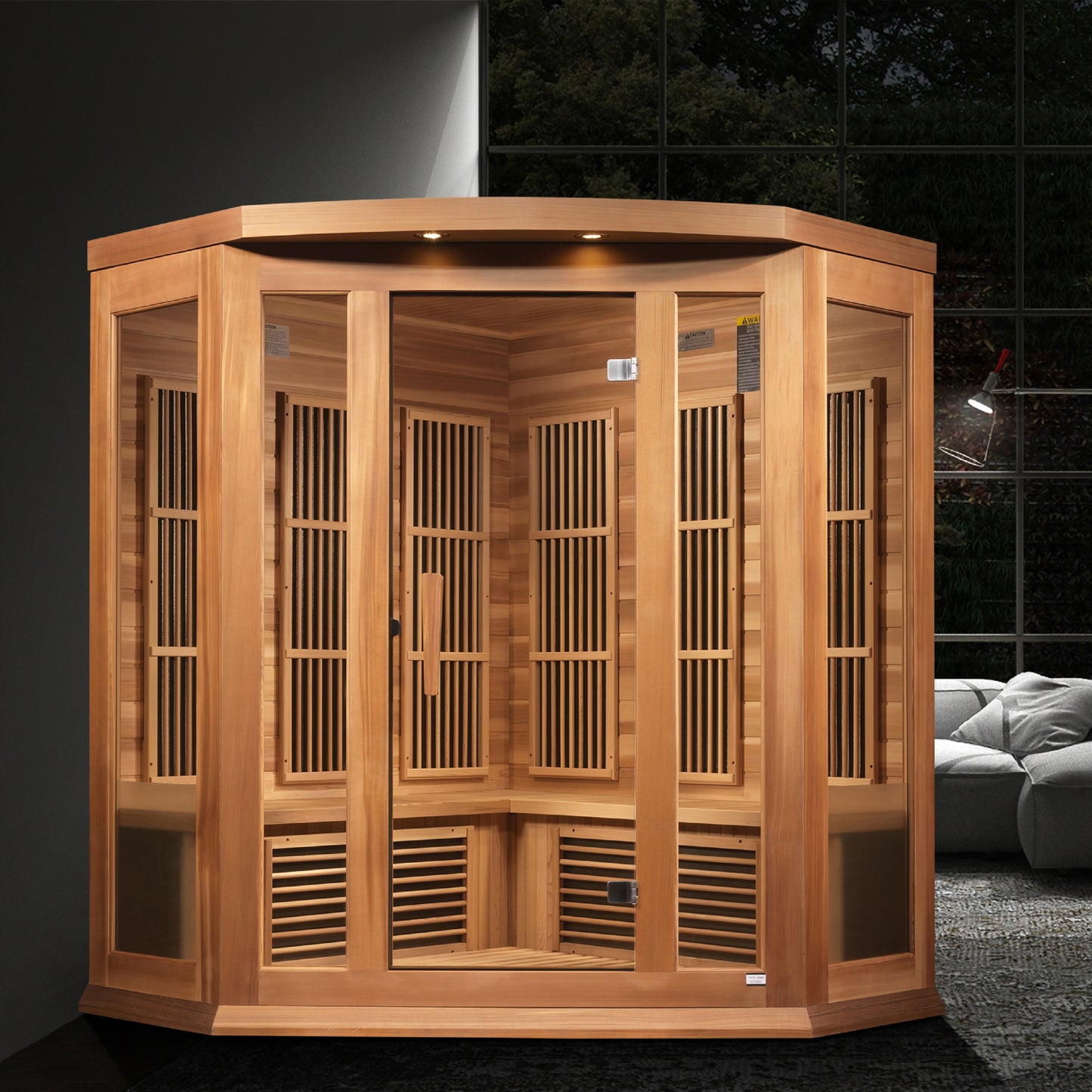 Maxxus K356-01-ZF-CED 3-Person Corner Near-Zero EMF Far Infrared Sauna – Red Cedar — in a room setting