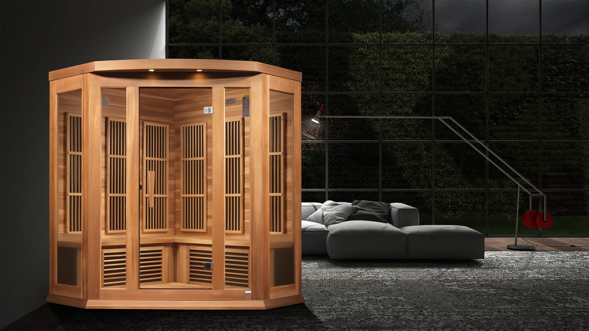 Maxxus K356-01-ZF-CED 3-Person Corner Near-Zero EMF Far Infrared Sauna – Red Cedar — in a room setting