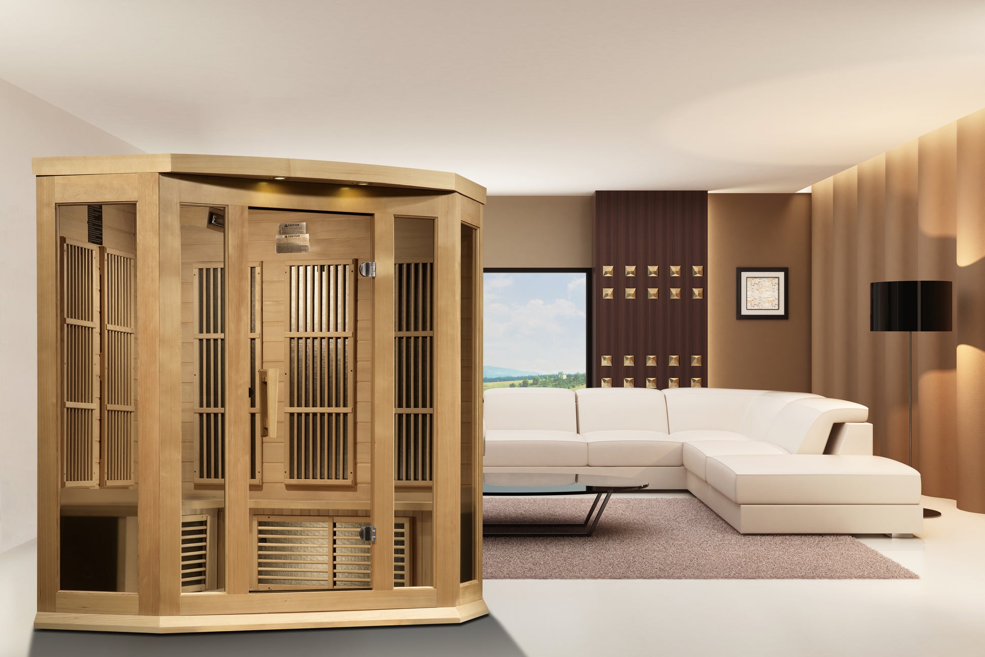Maxxus K356-01 3-Person Corner Low EMF Far Infrared Sauna – Hemlock — in a room setting