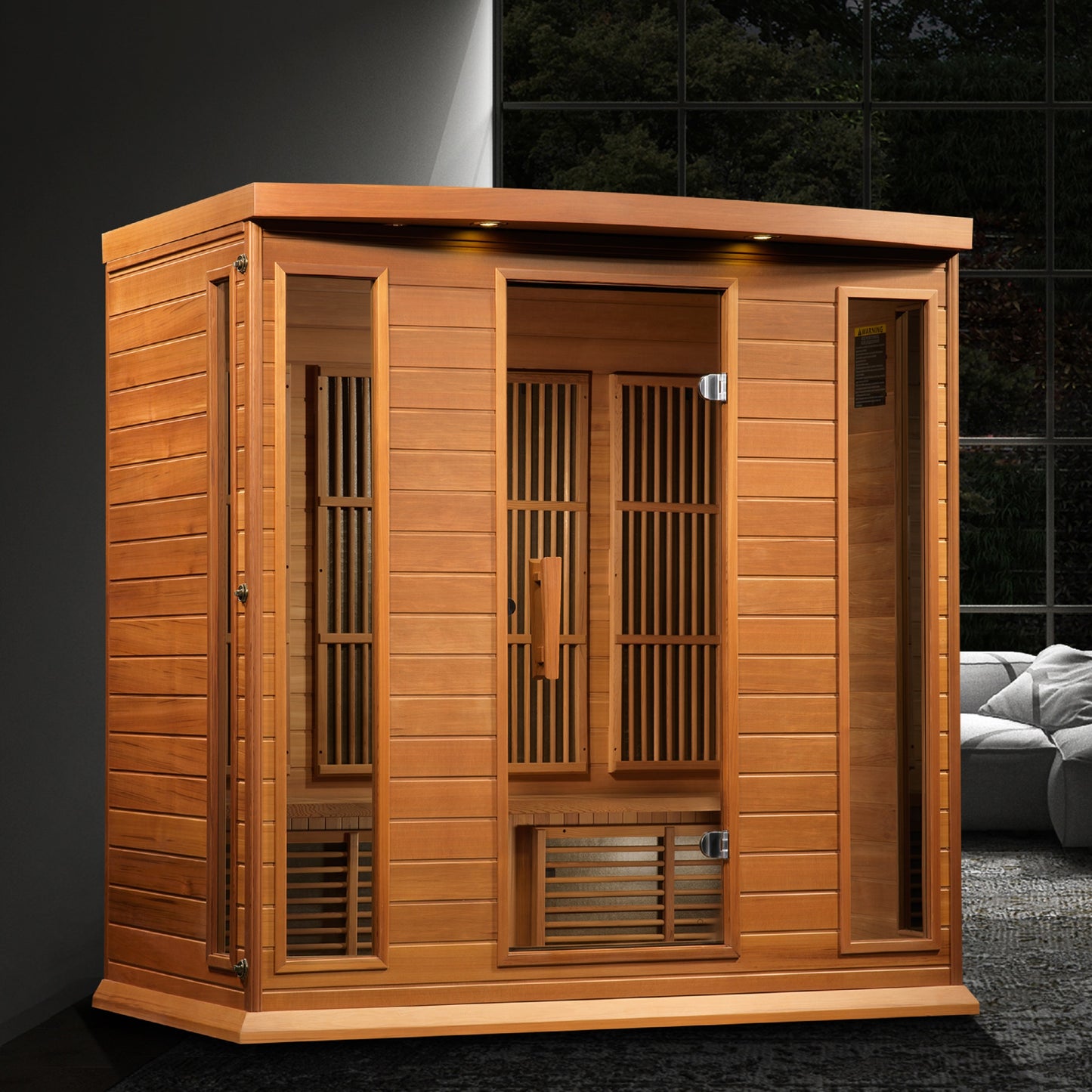 Maxxus K406-01-CED 4-Person Low EMF Far Infrared Sauna – Red Cedar — in a room setting