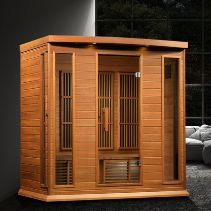 Maxxus K406-01-CED 4-Person Low EMF Far Infrared Sauna – Red Cedar — in a room setting