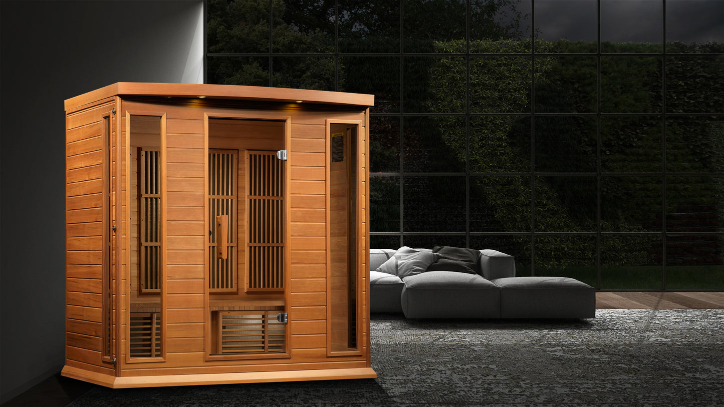 Maxxus K406-01-CED 4-Person Low EMF Far Infrared Sauna – Red Cedar — in a room setting