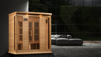 Maxxus K406-01 4-Person Low EMF Far Infrared Sauna – Hemlock — in a room setting