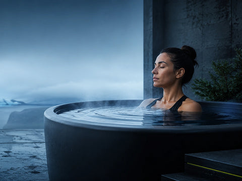 Adult practicing calm breathing during a controlled cold-plunge session.