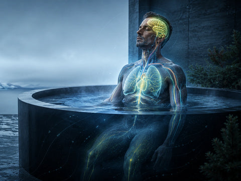 Cold-plunge illustration highlighting the brain, heart, lungs, and circulation.