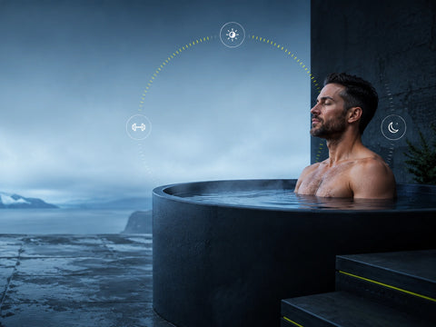 Adult in a cold plunge with morning, exercise, and evening timing icons.